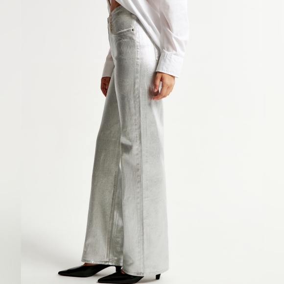 Zara Metallic Silver Foil Jean Ultra High Waist Straight Wide A Blogger Fav! - Picture 3 of 16